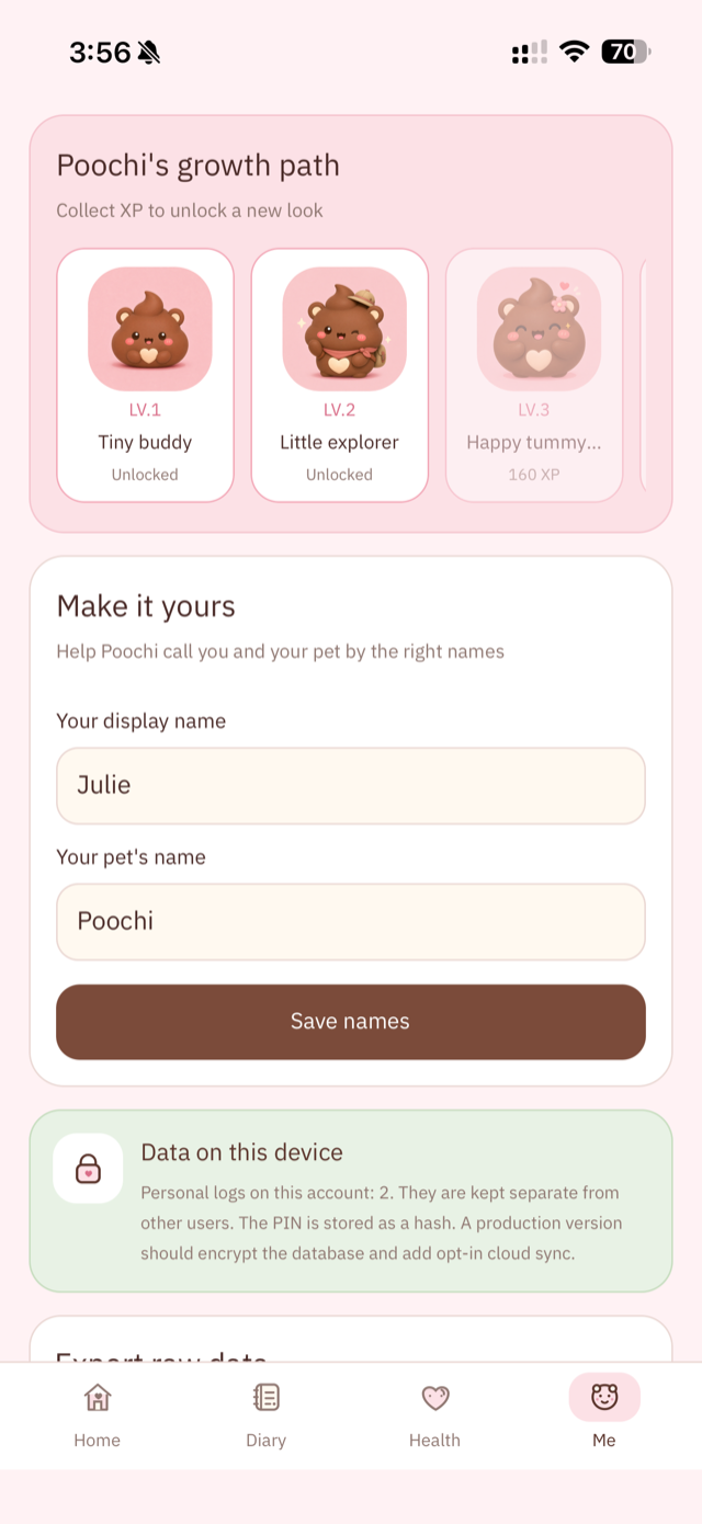 Poochi growth path and personalisation settings