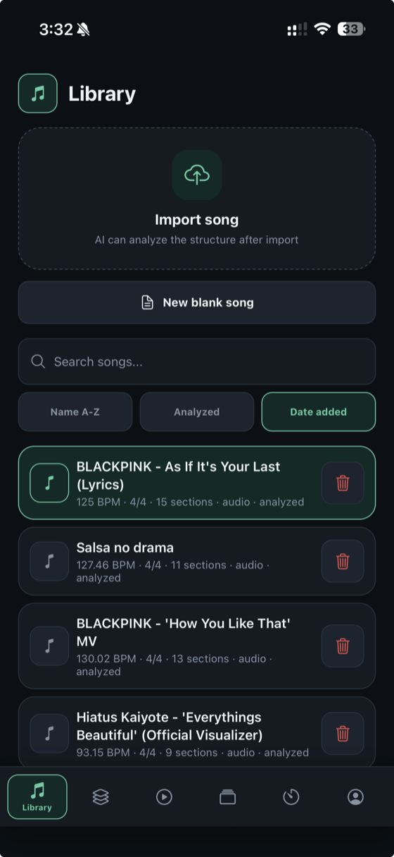 Library with imported songs and AI structure analysis