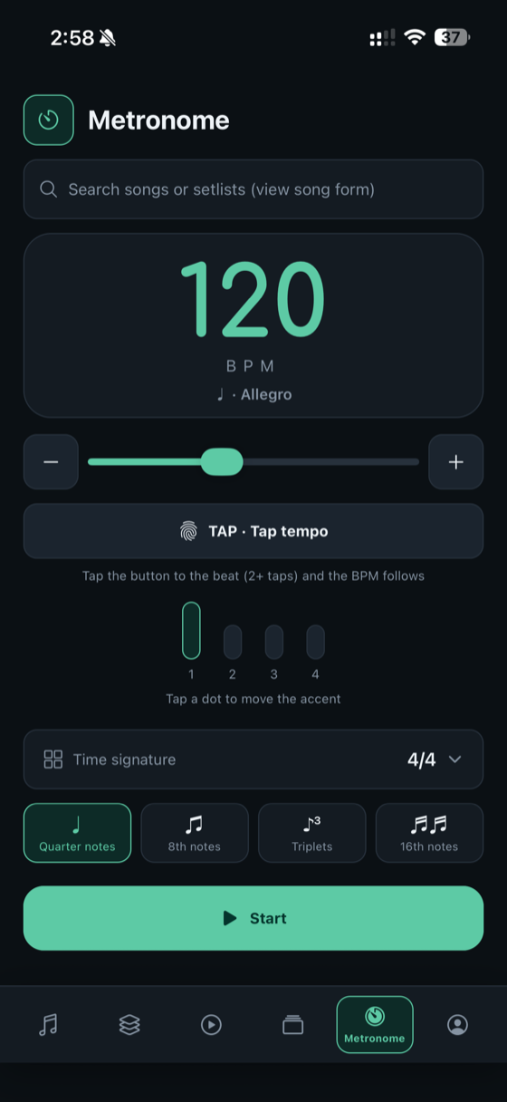 Standalone metronome with tap tempo and time signature