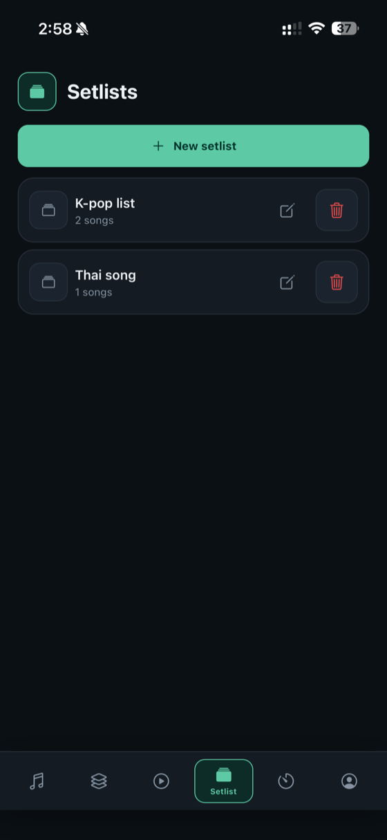 Setlists screen for organising songs for a gig