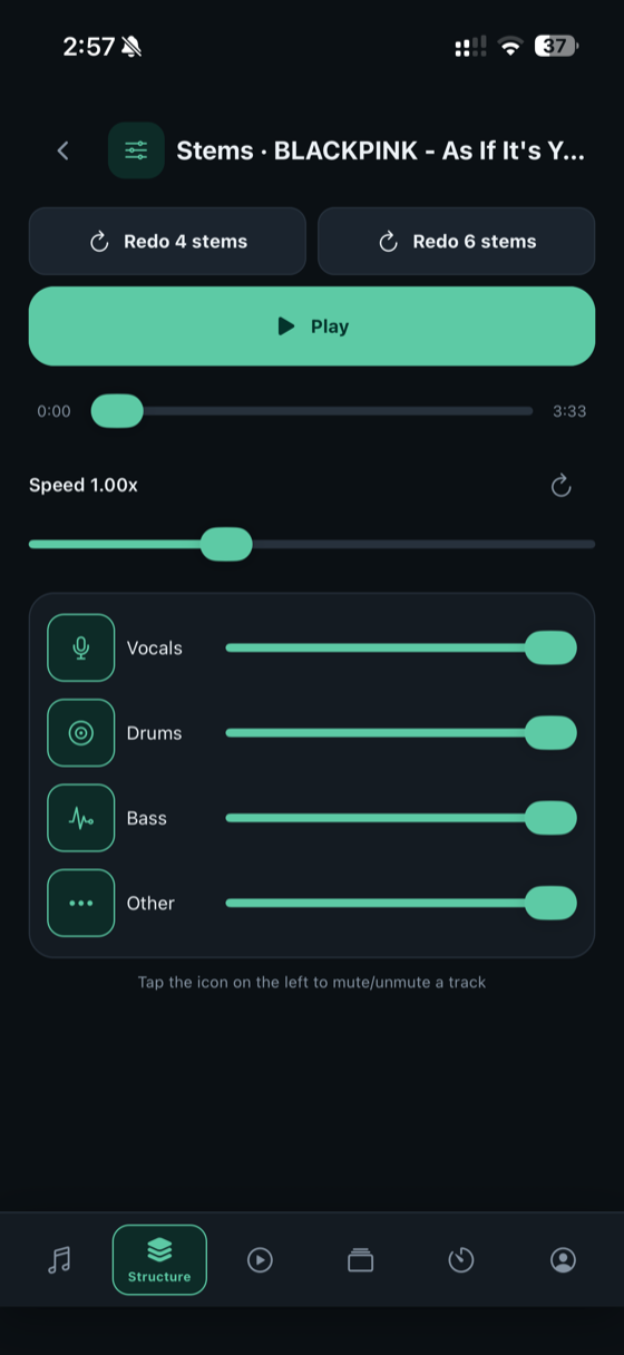 Stem separation screen with vocals, drums, bass and other tracks